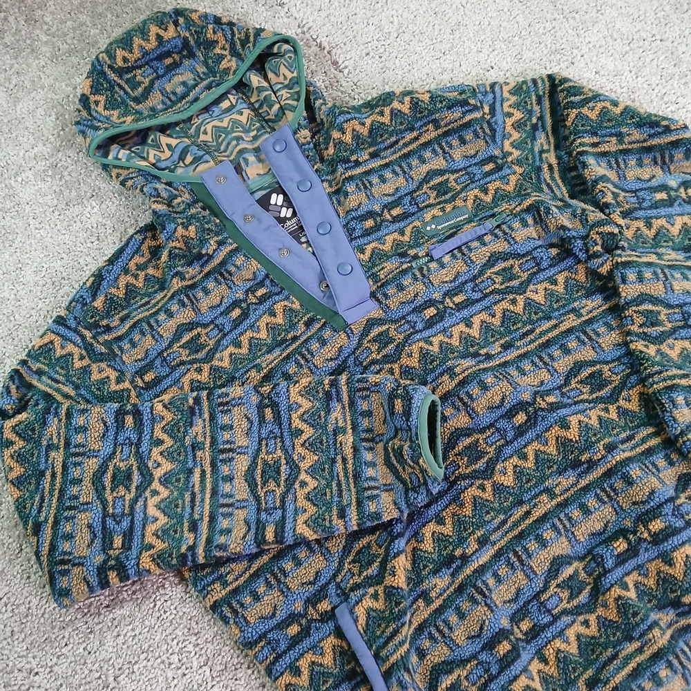 Columbia Mens Aztec Fleece Hoodie Pullover Blue Green Geometric AM1382 Large